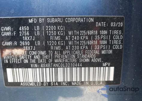 2020 Subaru Outback Limited из США, поврежденный, VIN 4S4BTANC0L3210444